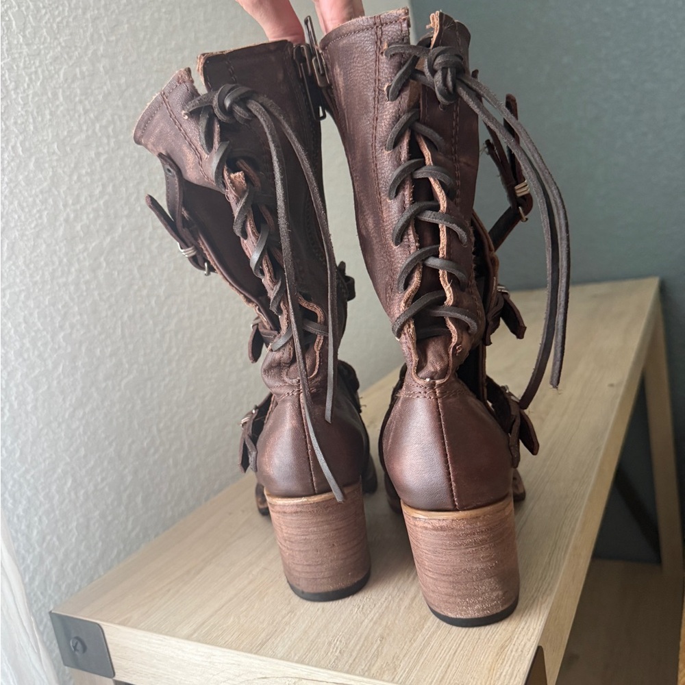 freebird Distressed Brown Leather Buckle Mid-Calf Heeled Boots - Picture 2 of 6